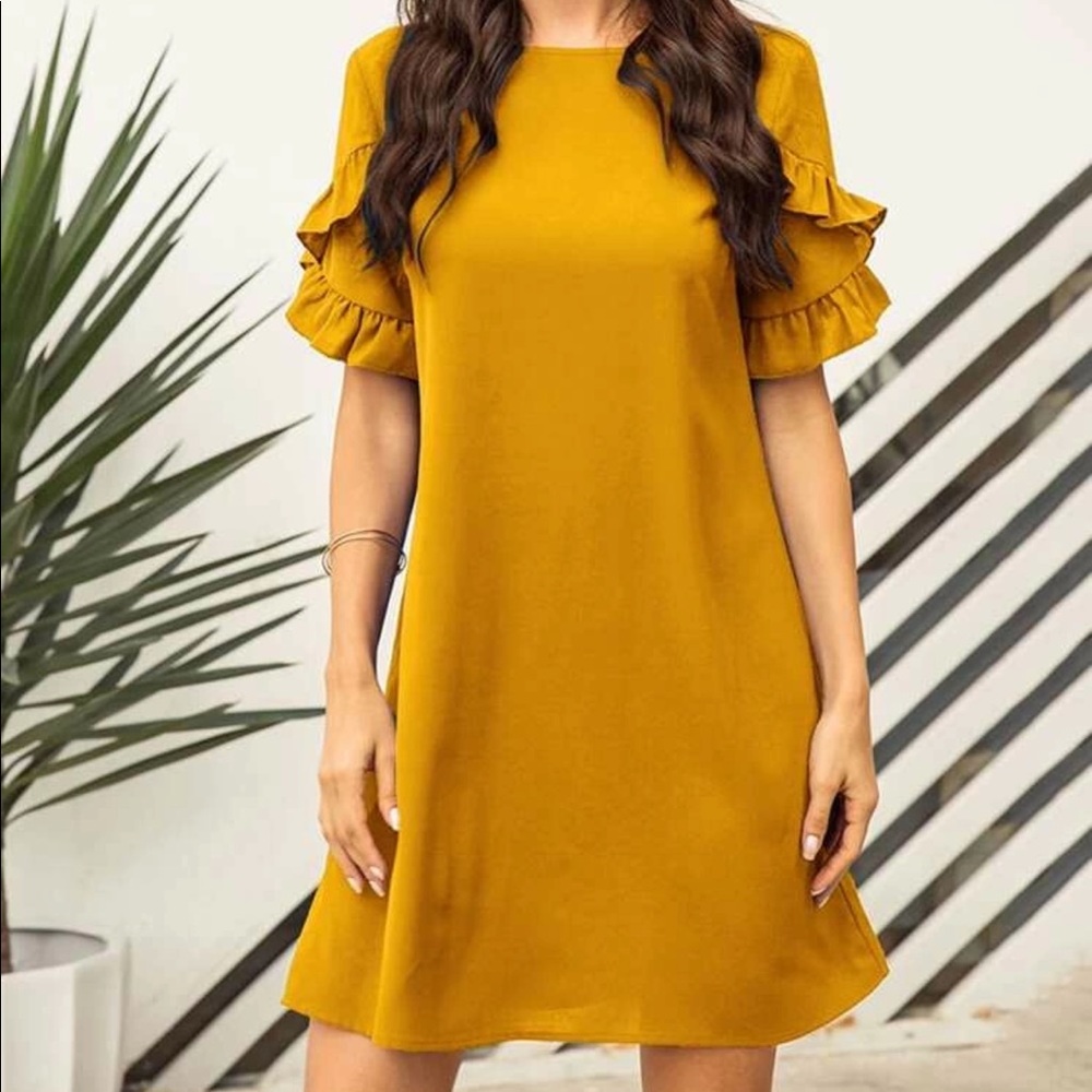 Ruffled frill short sleeve tunic dress dark green - Picture 3 of 6